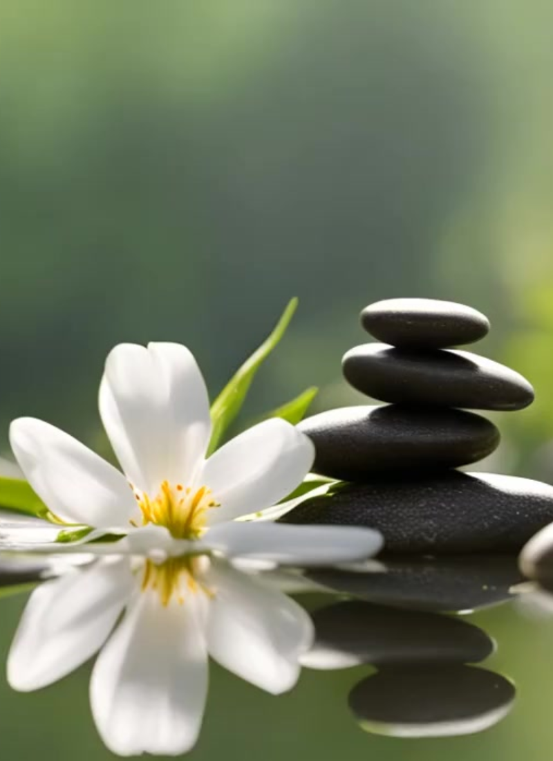A flower and a cairn by the water.